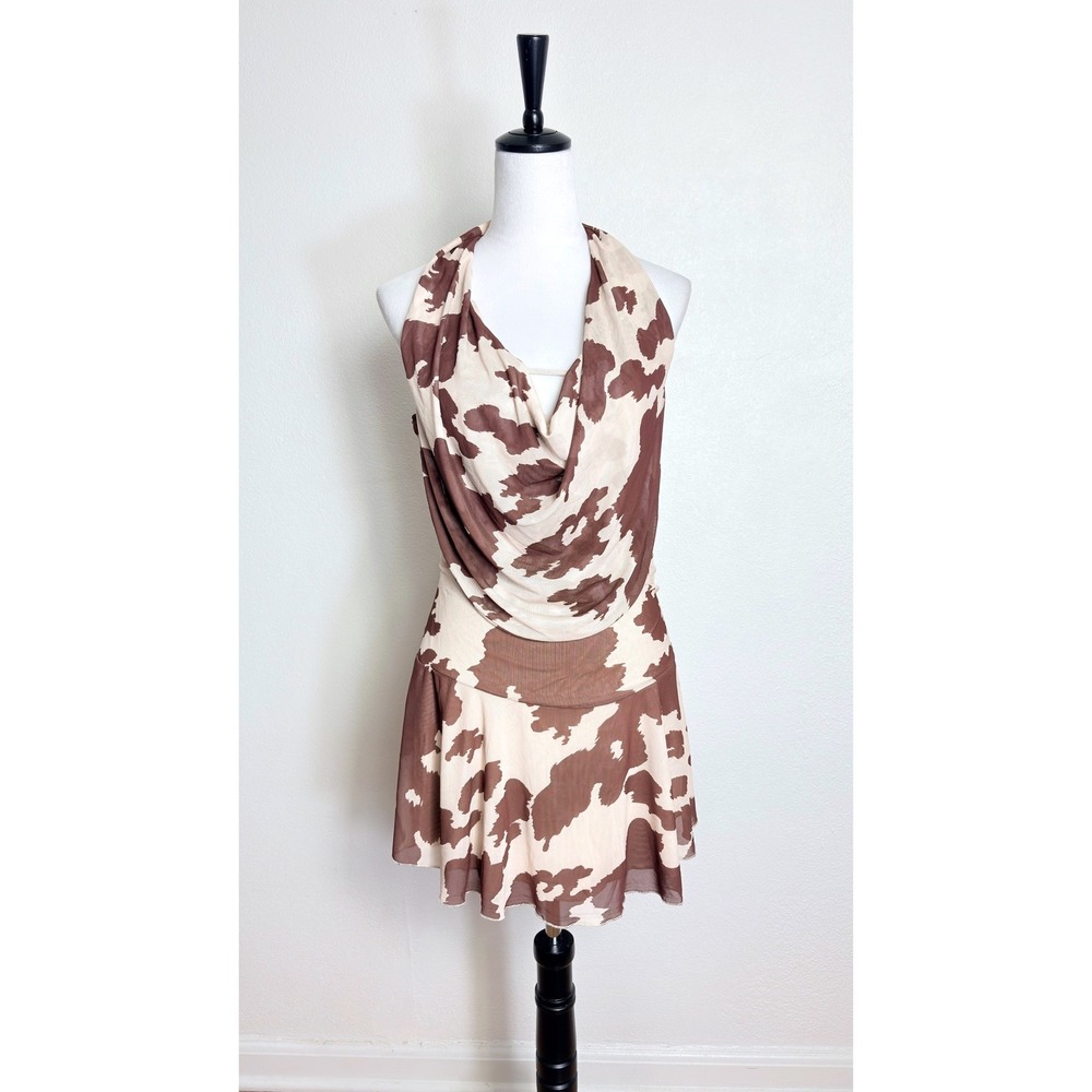 Persaya‎ Brown Cow Print Mesh Lined Cowl Neck Halt Top Dress Size Large Western
